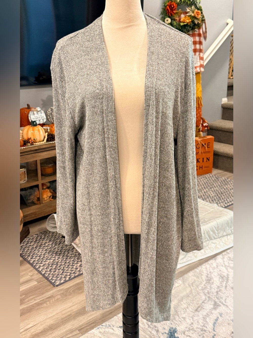 Carly Jean Gray Open-Front Ribbed Cardigan - Size Small